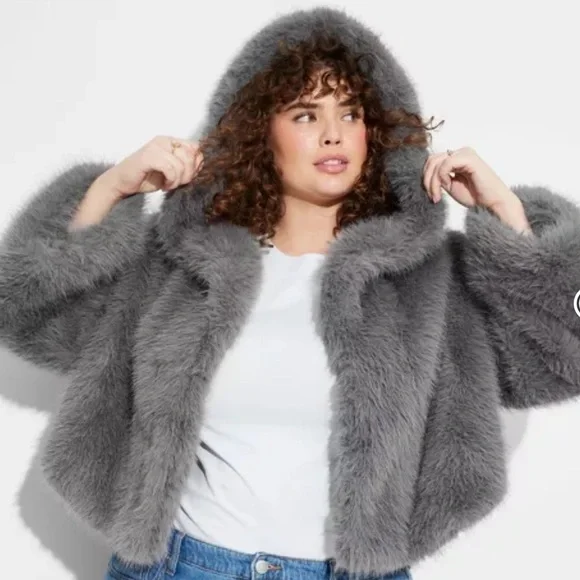 Viral Wild Fable Grey Hooded Fur Jacket NWT - Picture 3 of 9